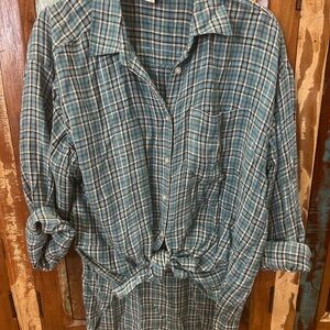 LOFT Teal, Black, Cream and Silver Metallic Plaid Boyfriend Shirt